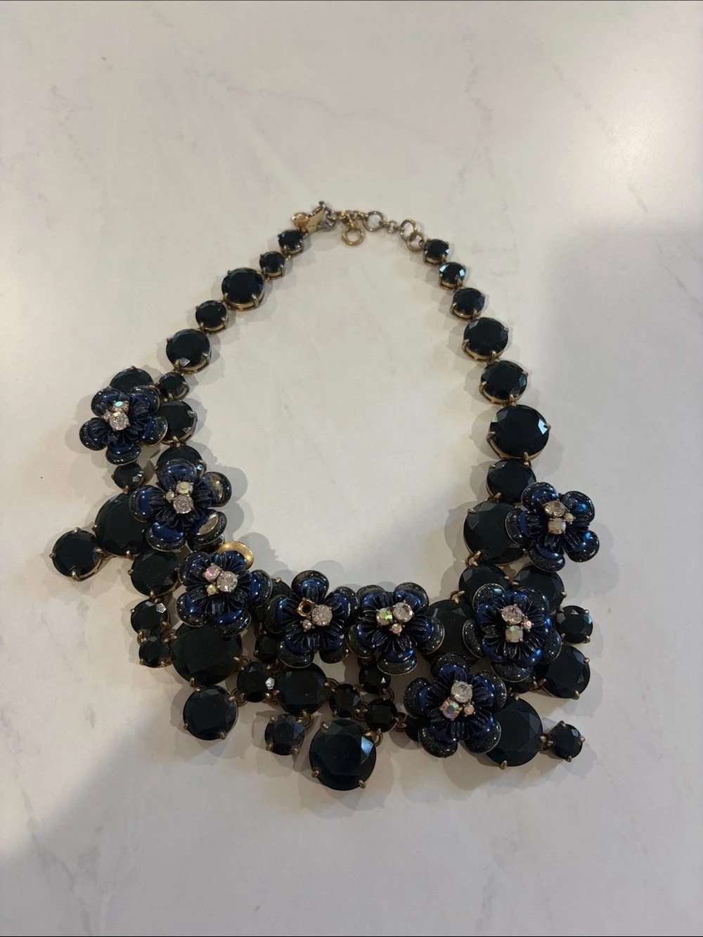 J.Crew Midnight Flower Crystal Statement Necklace Black & Blue